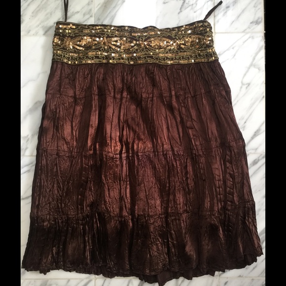 BROWN SATEEN FEELING SKIRT WITH GOLD SEQUINS