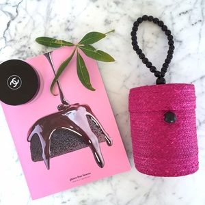 Neiman Marcus Magenta Straw Silk Cylinder Purse