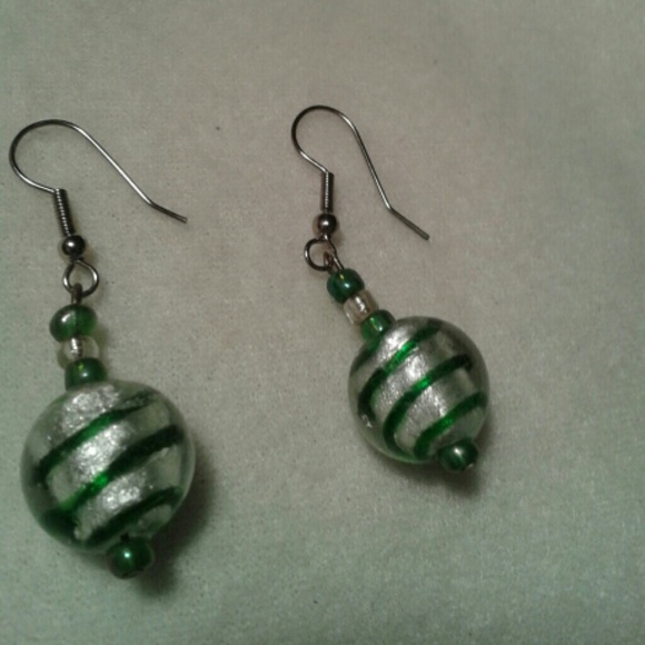 Green and White Earrings