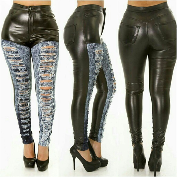 vibrant M.I.U. Denim - **NWT** High Waisted Faux Leather Destroyed Denim