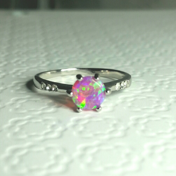 SOLD 18K White Gold Filled Pink Opal & AAA CZ Ring - Picture 1 of 4