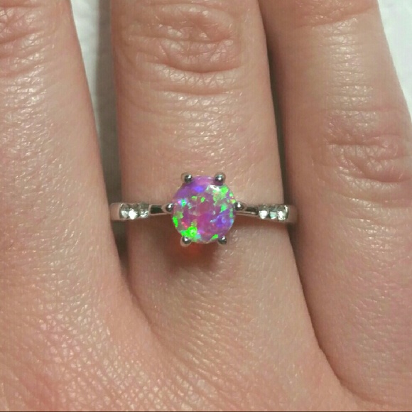 SOLD 18K White Gold Filled Pink Opal & AAA CZ Ring - Picture 2 of 4