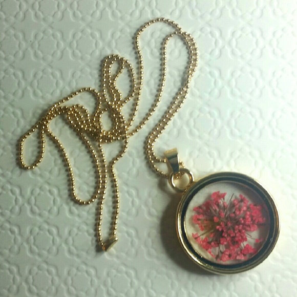 SOLD Real Dried Red Flower Pendant Necklace - Picture 2 of 2