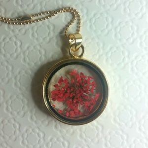 SOLD Real Dried Red Flower Pendant Necklace
