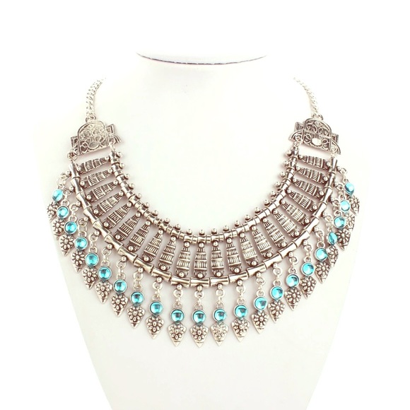 Vintage necklace blue silver metal jewelry