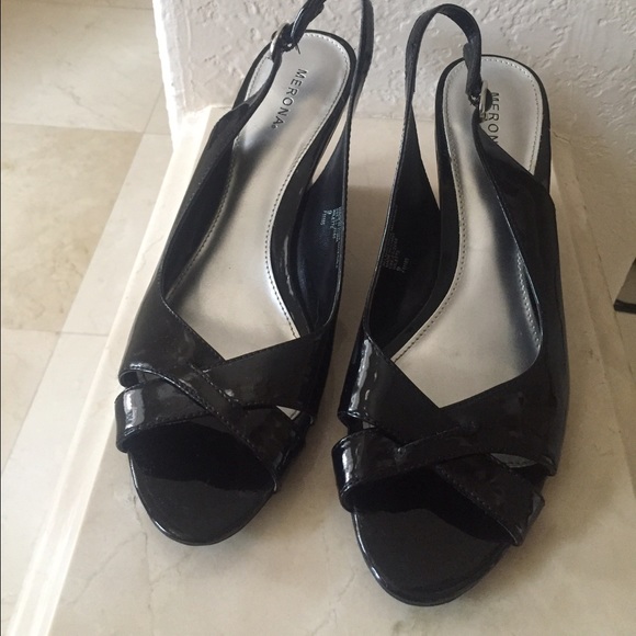 Peep Toe Black Patent “Leather” Slingback Wedges