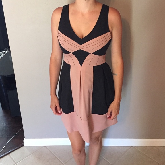 Grey wool and blush silk dress.