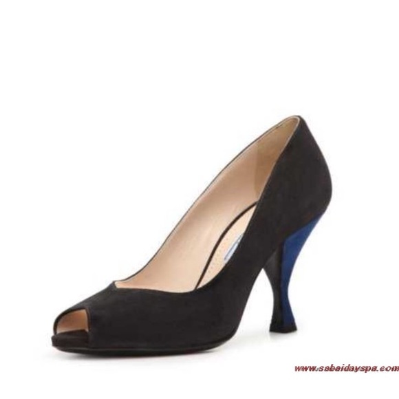 Prada black and blue peep toe pumps