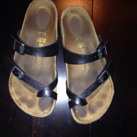 Gently used black metallic leather Birkenstocks