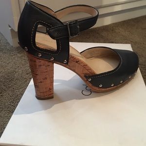 Calvin Klein, blue, buckle, leather, cork heel