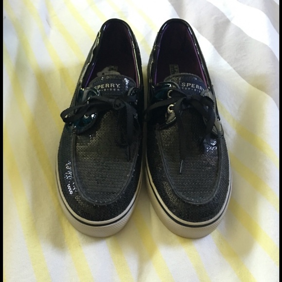 Woman's Black Sequined Sperry Top Sider Boat Shoes