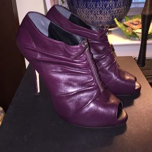 Barney's Co-Op Eggplant Ruched Leather Heels