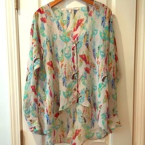 Boho Feather Print Button Down Blouse/ Overshirt