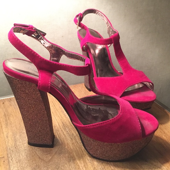 Pink Glitter Chunky Platform Heels