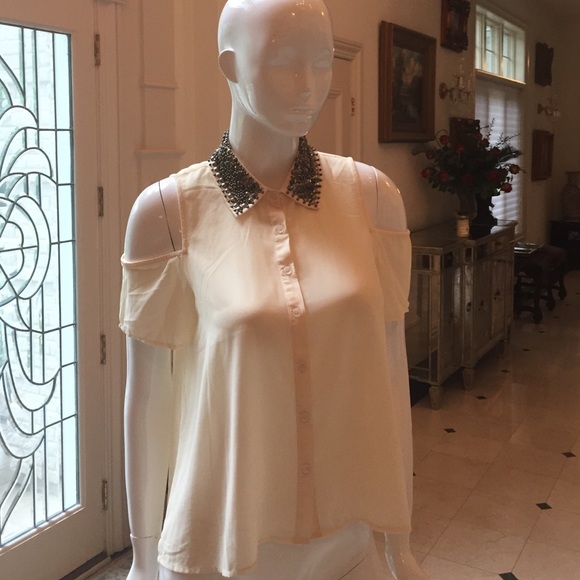 Ivory Beaded Collar Open Shoulder Tank, size M