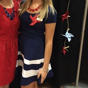 Navy dress with white stripes