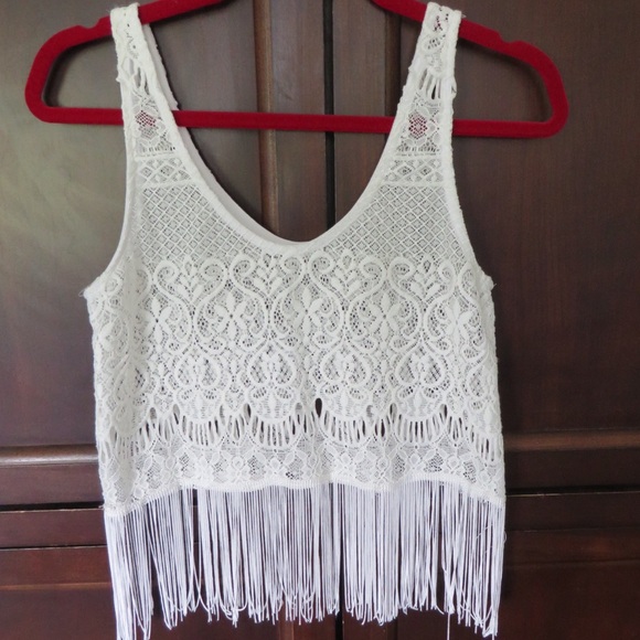 White lacy fringe crop top