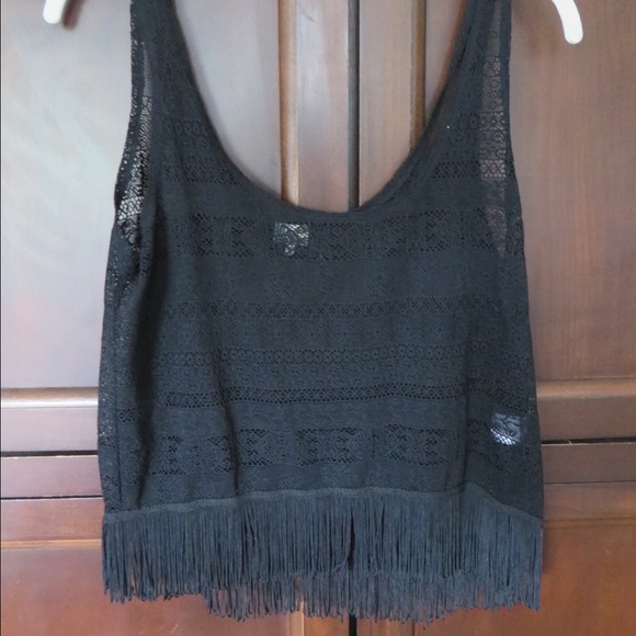 black lacy crop top with fringe
