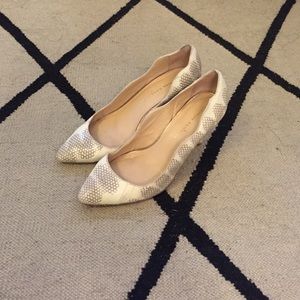White snaky Loeffler Randall pumps, scalloped edge