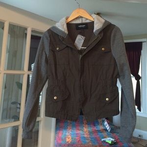 Army green and gray jacket with hoodie.