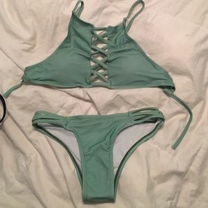 Novelty Halter Neck Solid Color Lace-Up Bikini