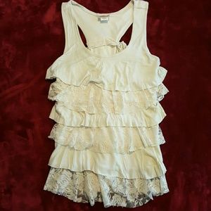 cream colored tank top lace &frill layered bow bak