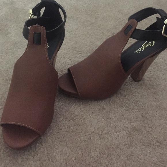 Brown and black heeled booties