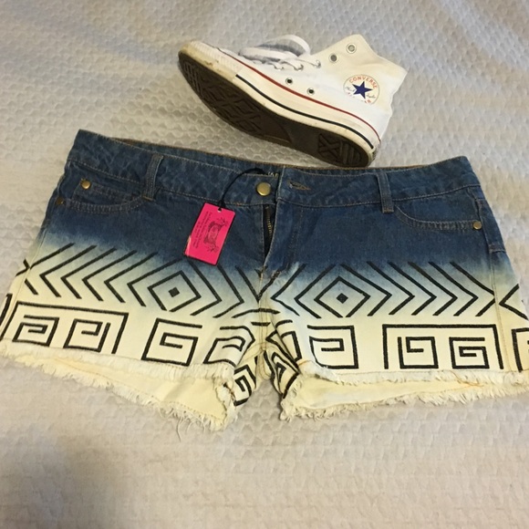 Denim Shorts with Tribal Design Pattern