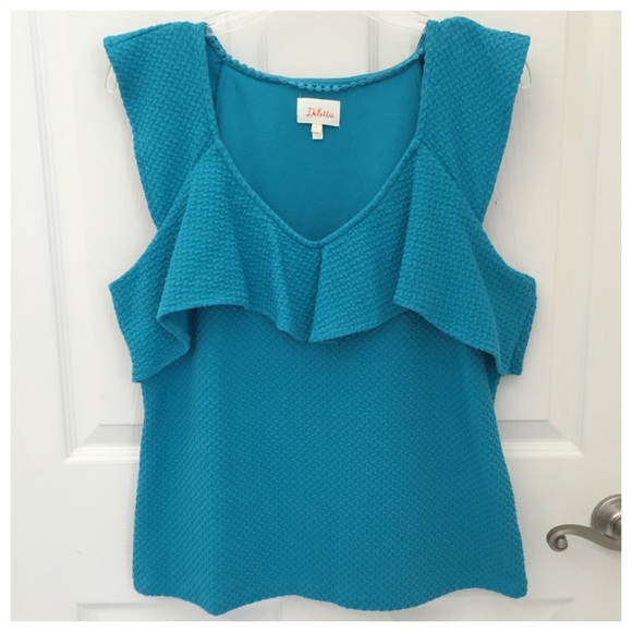 Anthropologie Turquoise Ruffle Rim Top - Picture 2 of 4