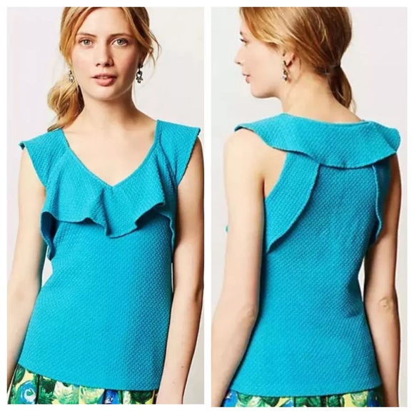 Anthropologie Turquoise Ruffle Rim Top - Picture 4 of 4