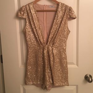 Tobi Deep V Gold Sequin Romper (Size L)