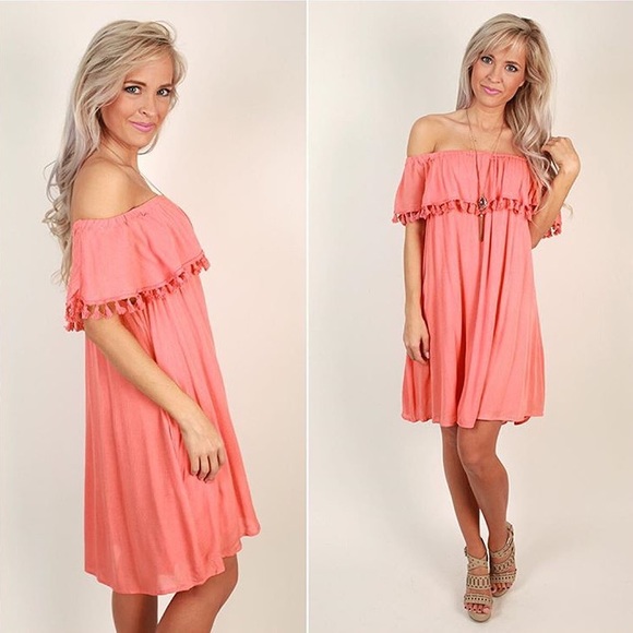 Coral Off the Shoulder Tassel Dress - Picture 1 of 1