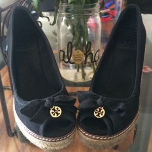 Tori Burch Black Canvas Wedge size 7.5 Heel 4.5in
