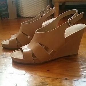 Beige nude wedge mid height heels