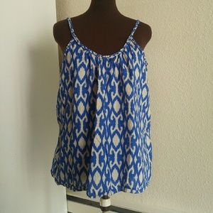 Gap Blue and White Ikat Print Linen Blend Tank Top