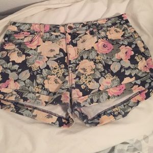 Floral forever 21 high waisted denim shorts