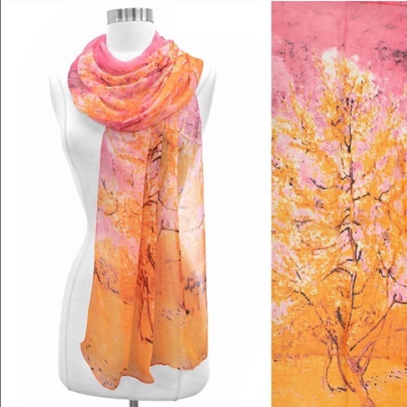 Tree Design Pink Orange 40% Silk Scarf
