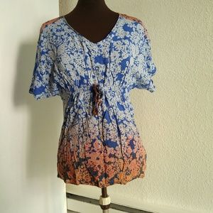 Cabi 100% Rayon Blue and Coral Floral Print Top