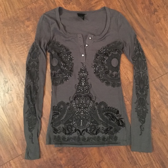 Grey & black long sleeve top with gems for buttons