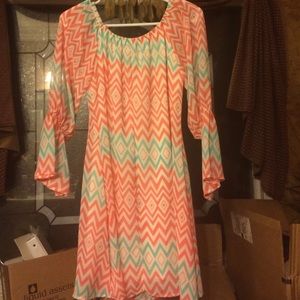 Peach and blue chevron print dress