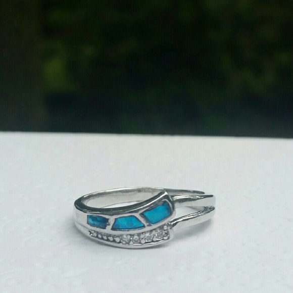 SOLD 18K White Gold Filled Blue Opal/CZ Wave Ring - Picture 1 of 4