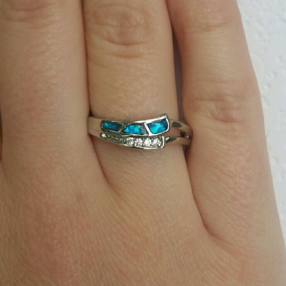 SOLD 18K White Gold Filled Blue Opal/CZ Wave Ring - Picture 2 of 4