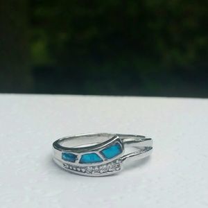 SOLD 18K White Gold Filled Blue Opal/CZ Wave Ring