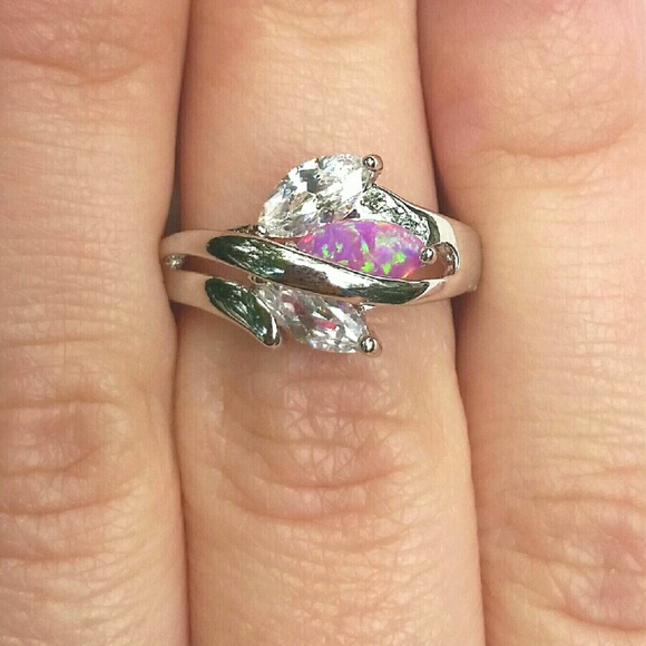 SOLD 18K White Gold Filled Pink Opal & Topaz Ring - Picture 2 of 4