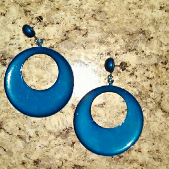 Vintage 1990s Unique Blue Hammered Hoop Earrings - Picture 2 of 4