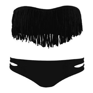 Black Fringe Strapless Bathing Suit - Small