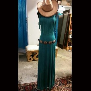 Blue fringe halter maxi dress
