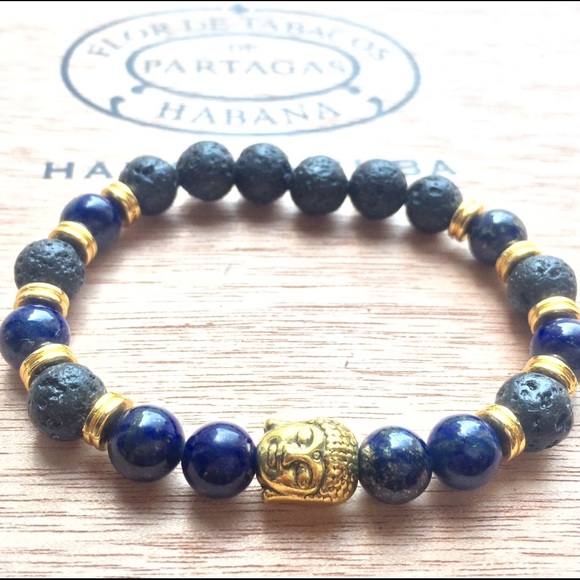 Lapiz Gemstone and Lava Gold Tone Buddha Bracelet