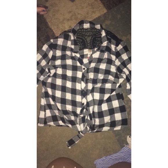 Lace black and white plaid button up