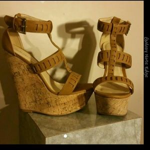 Just fab tan cork wedge sandals